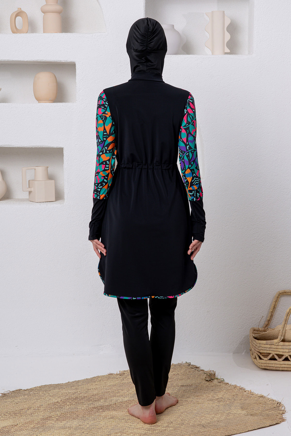Adasea Kadın Tam Tesettür Mayo Rune Likralı Ayarlanabilir Bel Boydan Fermuarlı Desenli - Siyah - Thumbnail