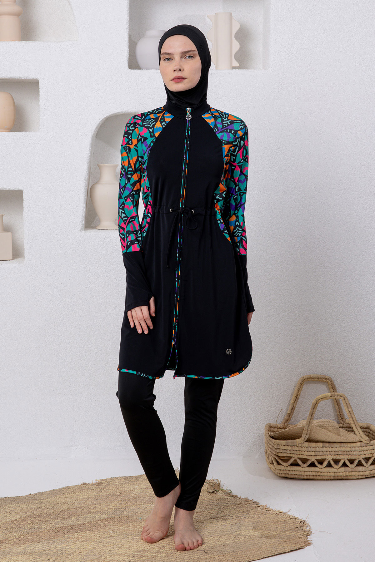 Adasea Kadın Tam Tesettür Mayo Rune Likralı Ayarlanabilir Bel Boydan Fermuarlı Desenli - Siyah - Thumbnail