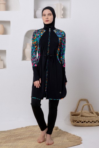 ADASEA - Adasea Kadın Tam Tesettür Mayo Rune Likralı Ayarlanabilir Bel Boydan Fermuarlı Desenli - Siyah (1)