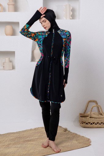 ADASEA - Adasea Kadın Tam Tesettür Mayo Rune Likralı Ayarlanabilir Bel Boydan Fermuarlı Desenli - Siyah