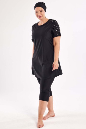 ADASEA - Adasea Kadın Tole Yarı Kapalı Tesetür Mayo Omuz Taş Detaylı Büyük Beden - Siyah