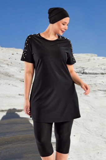 ADASEA - Adasea Kadın Tole Yarı Kapalı Tesetür Mayo Omuz Taş Detaylı Büyük Beden - Siyah (1)