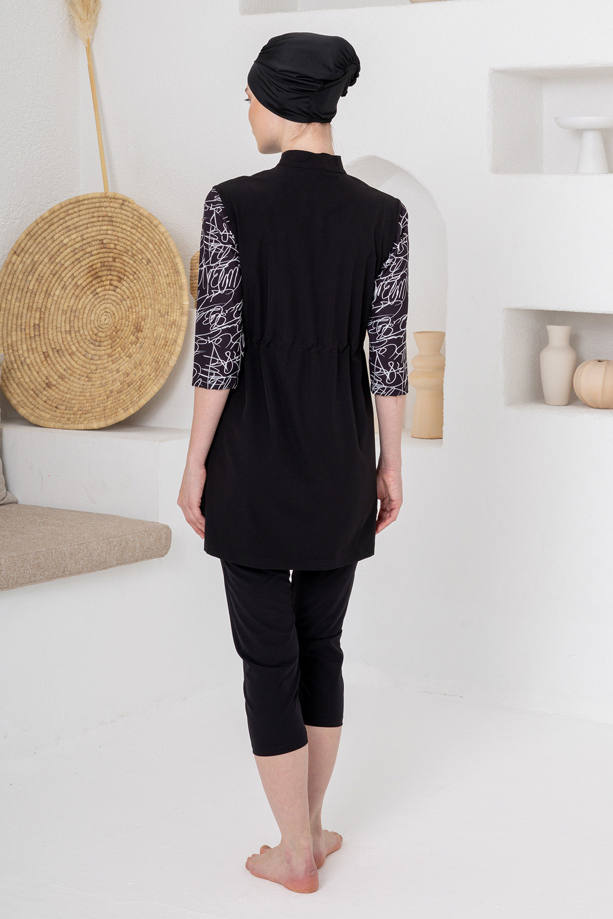 Adasea Kadın Yarı Kapalı Mayo Ande Yarım Kollu Boydan Fermuarlı - Siyah - Thumbnail