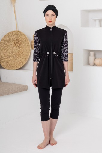 ADASEA - Adasea Kadın Yarı Kapalı Mayo Ande Yarım Kollu Boydan Fermuarlı - Siyah