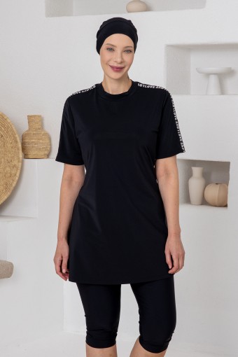 ADASEA - Adasea Kadın Yarı Kapalı Mayo Büyük Beden Alex Kısa Kollu Likralı Love Yazılı - Siyah (1)