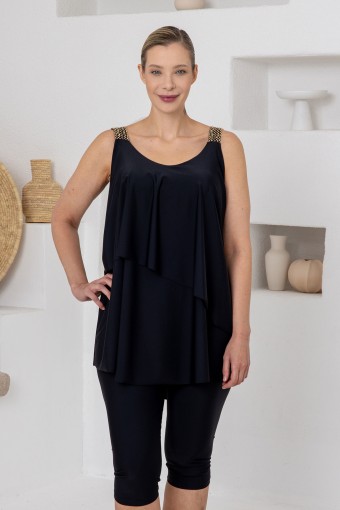 ADASEA - Adasea Kadın Yarı Kapalı Mayo Büyük Beden Merletta Likralı Sıfır Kollu - Siyah (1)