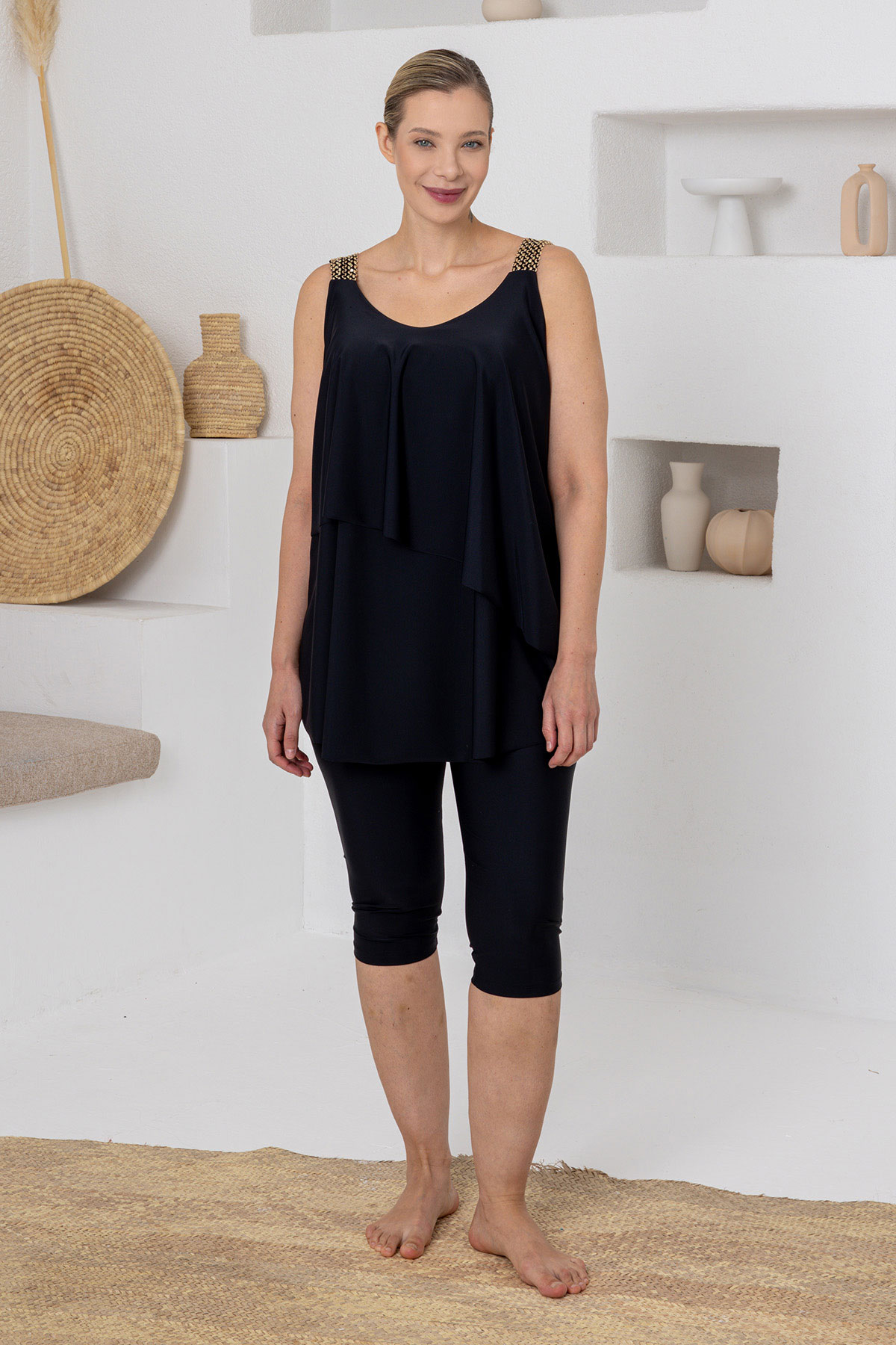 Adasea Kadın Yarı Kapalı Mayo Büyük Beden Merletta Likralı Sıfır Kollu - Siyah - Thumbnail