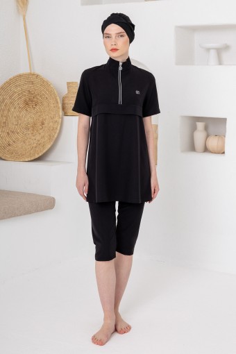 ADASEA - Adasea Kadın Yarı Kapalı Mayo Kısa Kollu Dessi Spor Likra Yarım Fermuarlı - Siyah