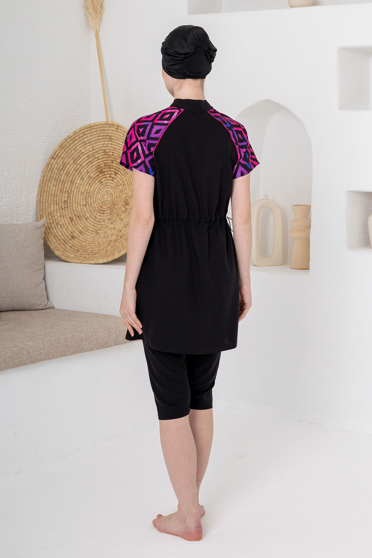 Adasea Kadın Yarı Kapalı Mayo Kısa Kollu Fermuarlı Spor Likralı - Siyah - Thumbnail