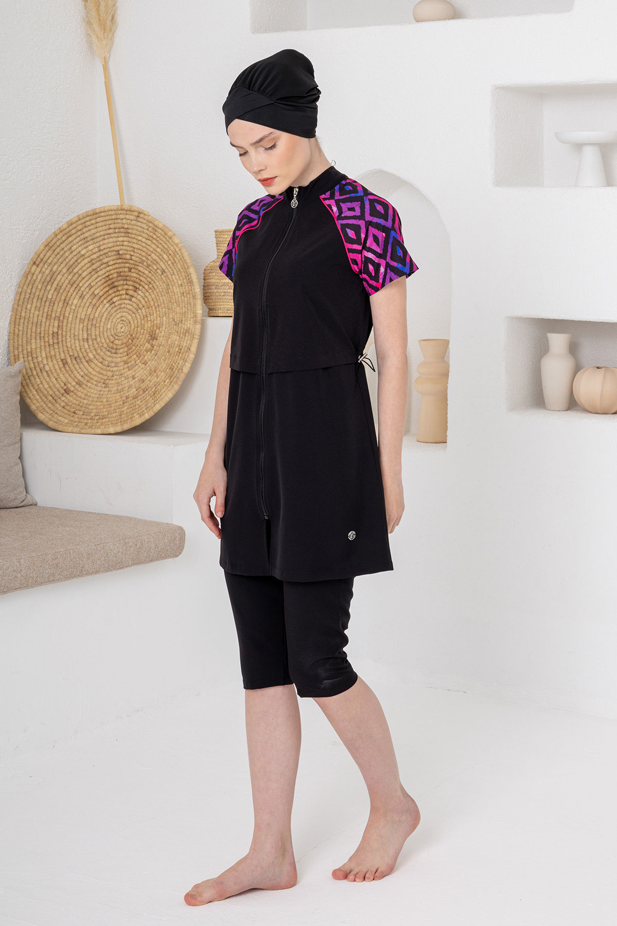 Adasea Kadın Yarı Kapalı Mayo Kısa Kollu Fermuarlı Spor Likralı - Siyah - Thumbnail