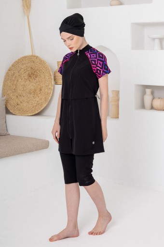 ADASEA - Adasea Kadın Yarı Kapalı Mayo Kısa Kollu Fermuarlı Spor Likralı - Siyah (1)