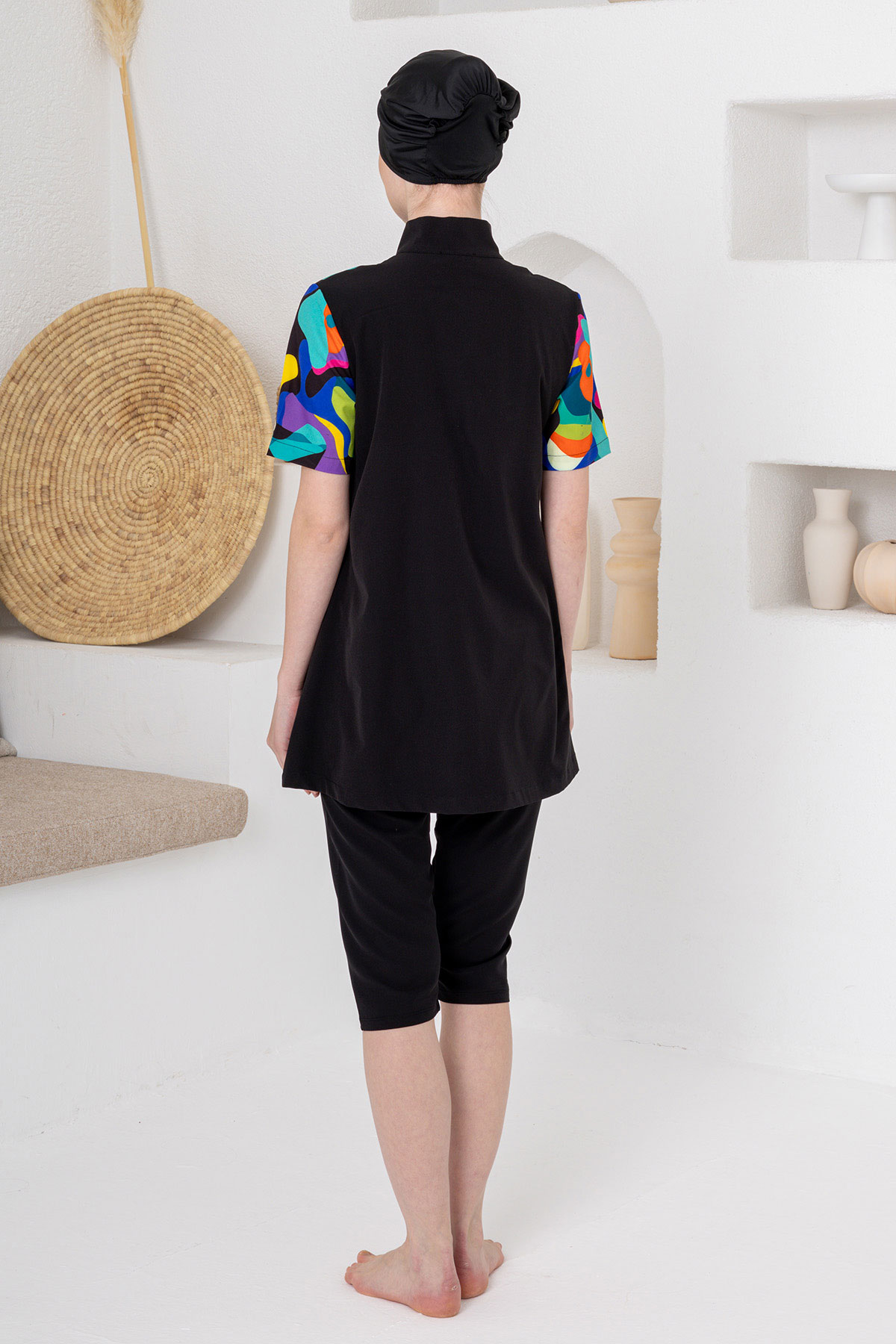 Adasea Kadın Yarı Kapalı Mayo Kısa Kollu Nermey Spor Likra Yarım Fermuarlı Üst Desenli - Siyah - Thumbnail