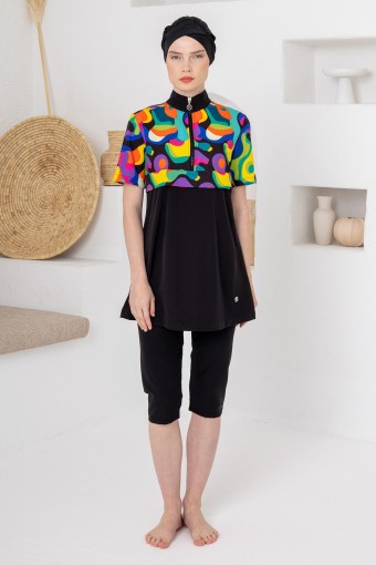 ADASEA - Adasea Kadın Yarı Kapalı Mayo Kısa Kollu Nermey Spor Likra Yarım Fermuarlı Üst Desenli - Siyah