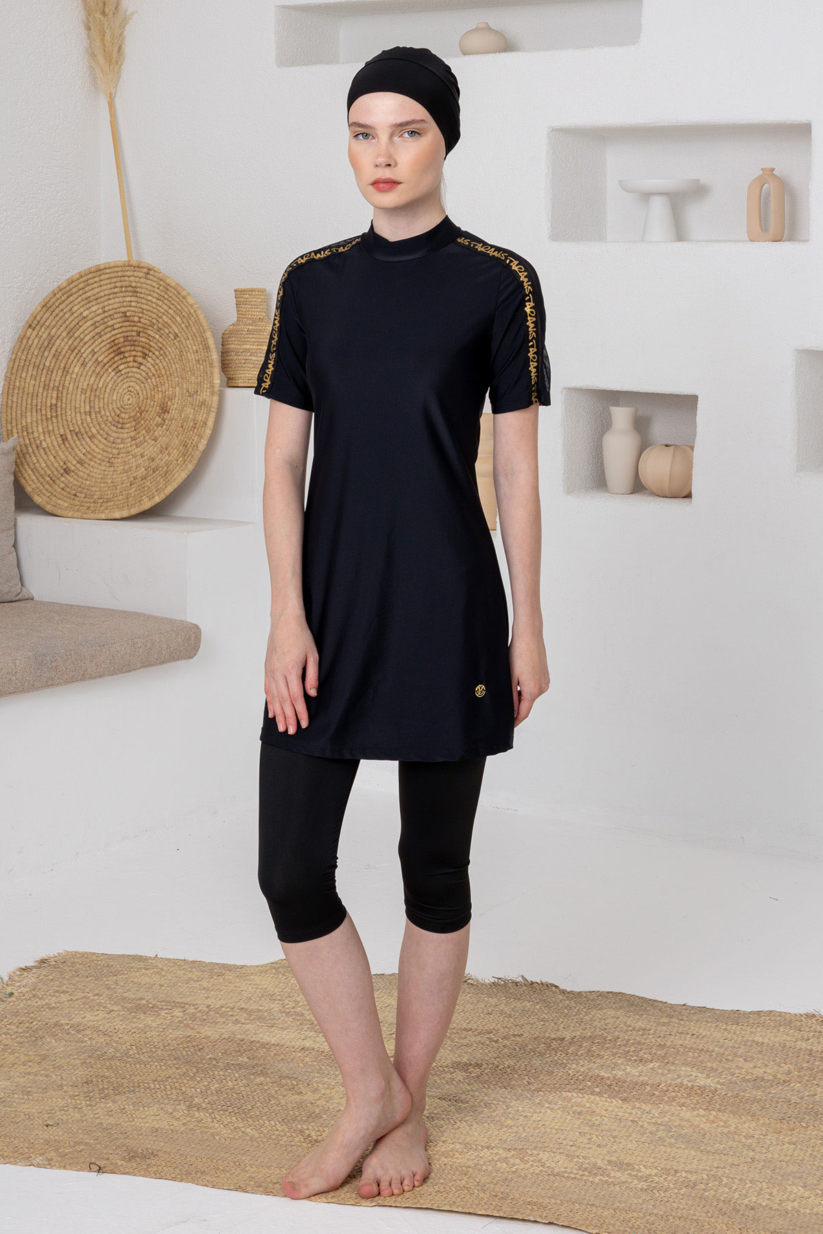 Adasea Kadın Yarı Kapalı Mayo Kısa Kollu Noe Likralı - Siyah - Thumbnail