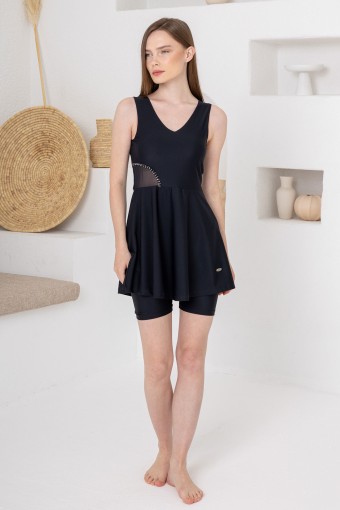 ADASEA - Adasea Kadın Yarı Kapalı Mayo Sıfır Kollu Davis Likralı Bel Taş ve Tül Detaylı - Siyah