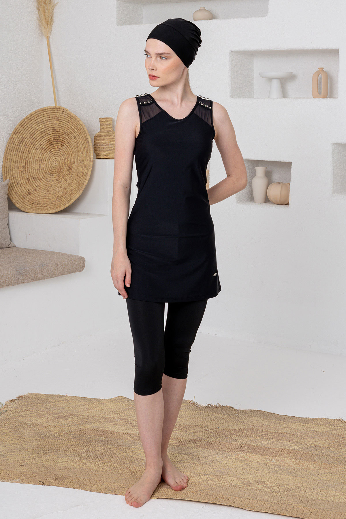 Adasea Kadın Yarı Kapalı Mayo Sıfır Kollu Kenna Likralı Kol İncili Tüllü - Siyah - Thumbnail