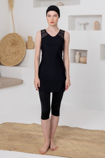 ADASEA - Adasea Kadın Yarı Kapalı Mayo Sıfır Kollu Kenna Likralı Kol İncili Tüllü - Siyah