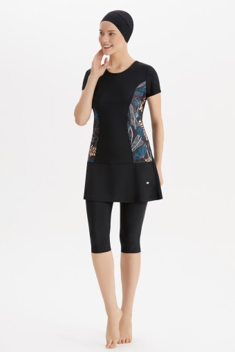 ADASEA - Adasea Kadın Yarı Kapalı Mayo Taytlı Yarım Kol Kenarı Desenliı - Siyah