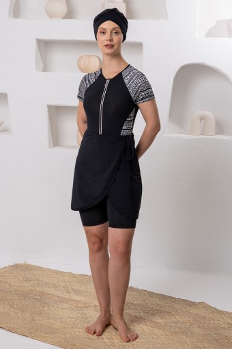 ADASEA - Adasea Kadın Yarı Kapalı Mayo Tulum Tayt Etekli Kısa Kollu Likralı - Siyah