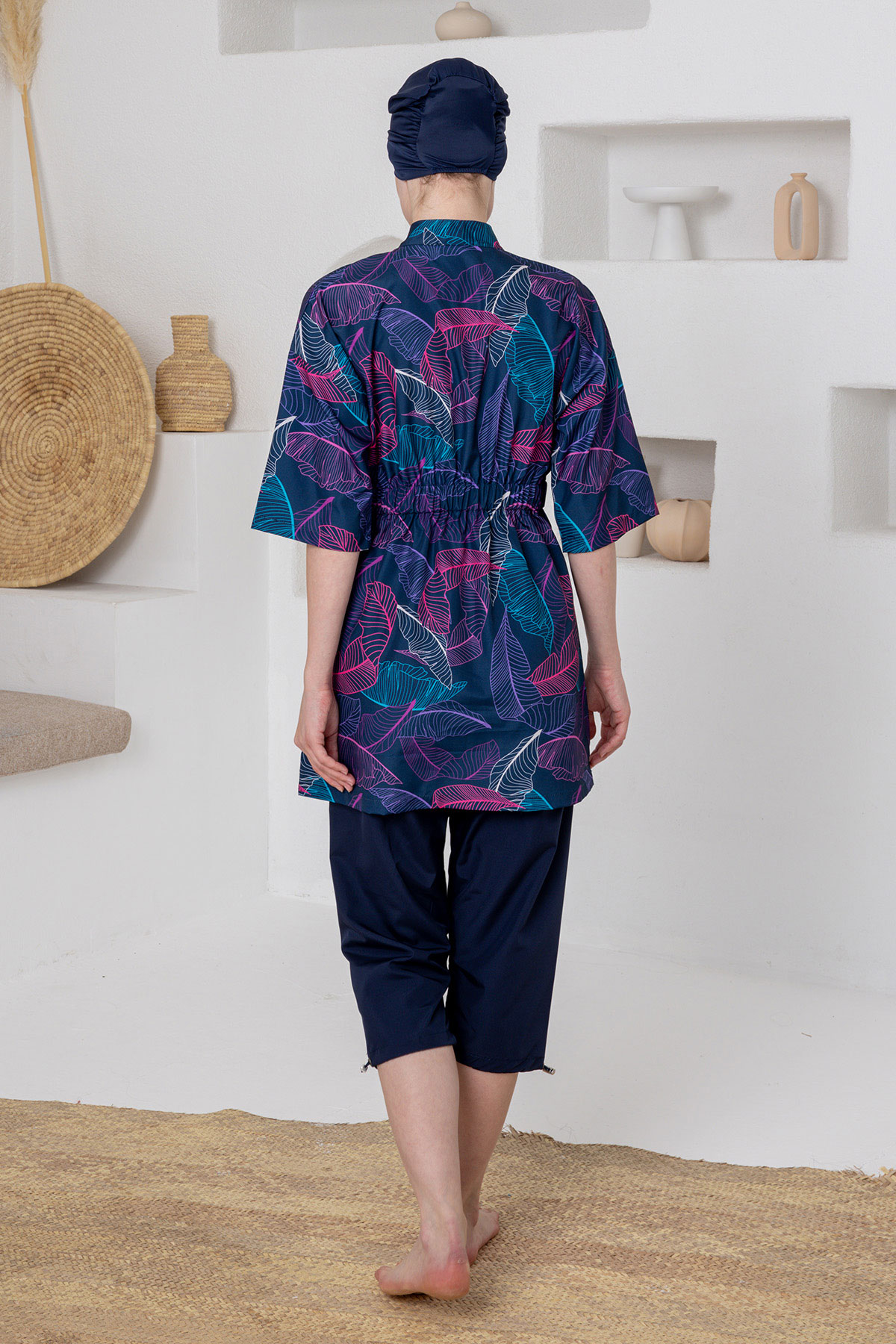 Adasea Kadın Yarı Kapalı Mayo Yarım Kollu Arlot Paraşüt Desenli Yarım Fermuarlı - Koyu Lacivert - Thumbnail