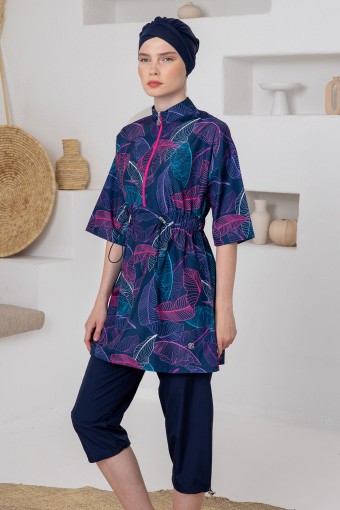 ADASEA - Adasea Kadın Yarı Kapalı Mayo Yarım Kollu Arlot Paraşüt Desenli Yarım Fermuarlı - Koyu Lacivert (1)