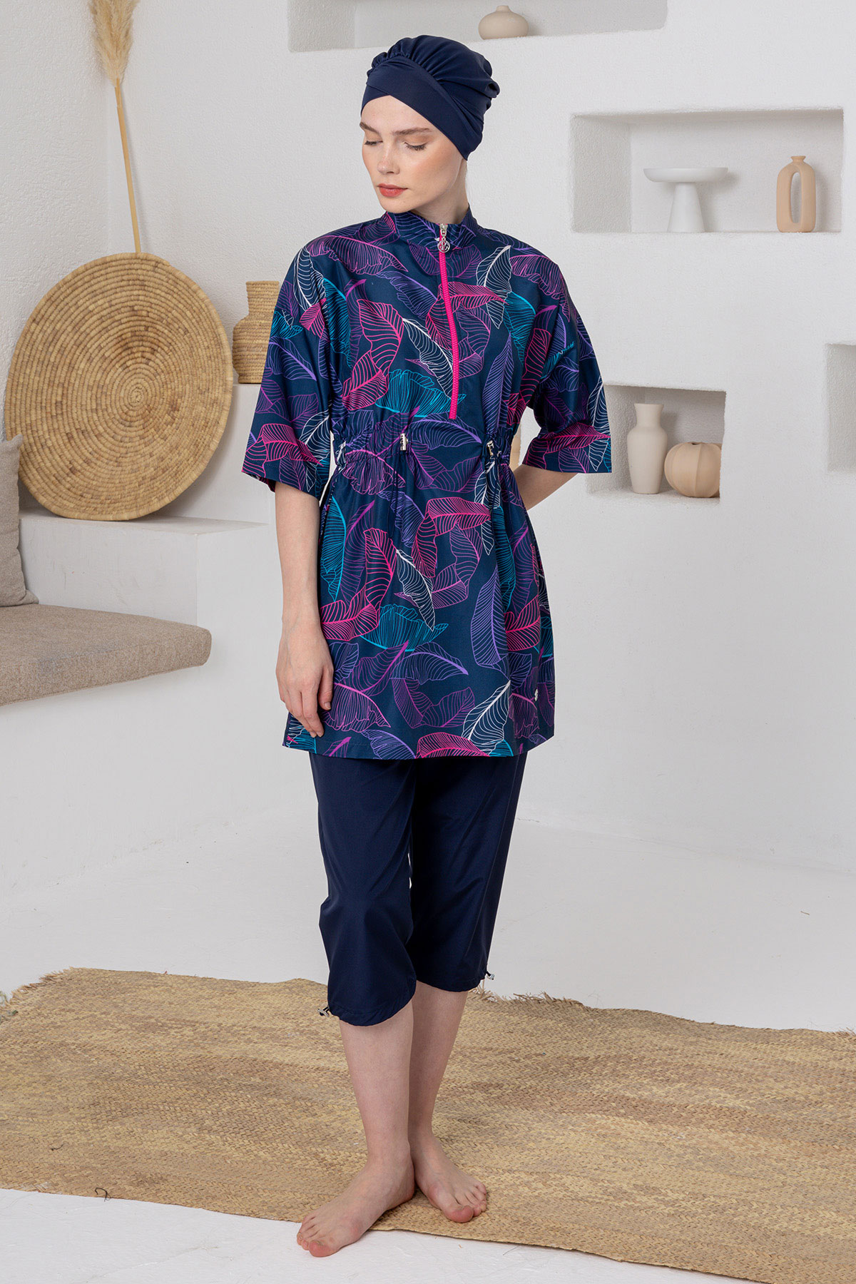 Adasea Kadın Yarı Kapalı Mayo Yarım Kollu Arlot Paraşüt Desenli Yarım Fermuarlı - Koyu Lacivert - Thumbnail