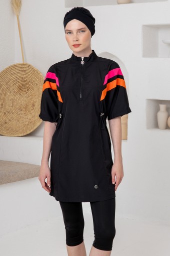 ADASEA - Adasea Kadın Yarı Kapalı Mayo Yarım Kollu Cassy Yarım Fermuarlı Spor Likra - Siyah (1)