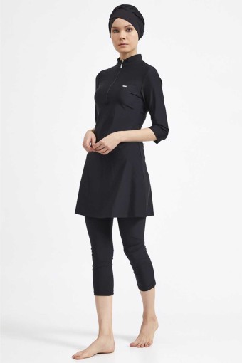 ADASEA - Adasea Kadın Yarı Kapalı Tesettür Mayo Uzun Kollu Önü Fermuarlı Büyük Beden - Siyah
