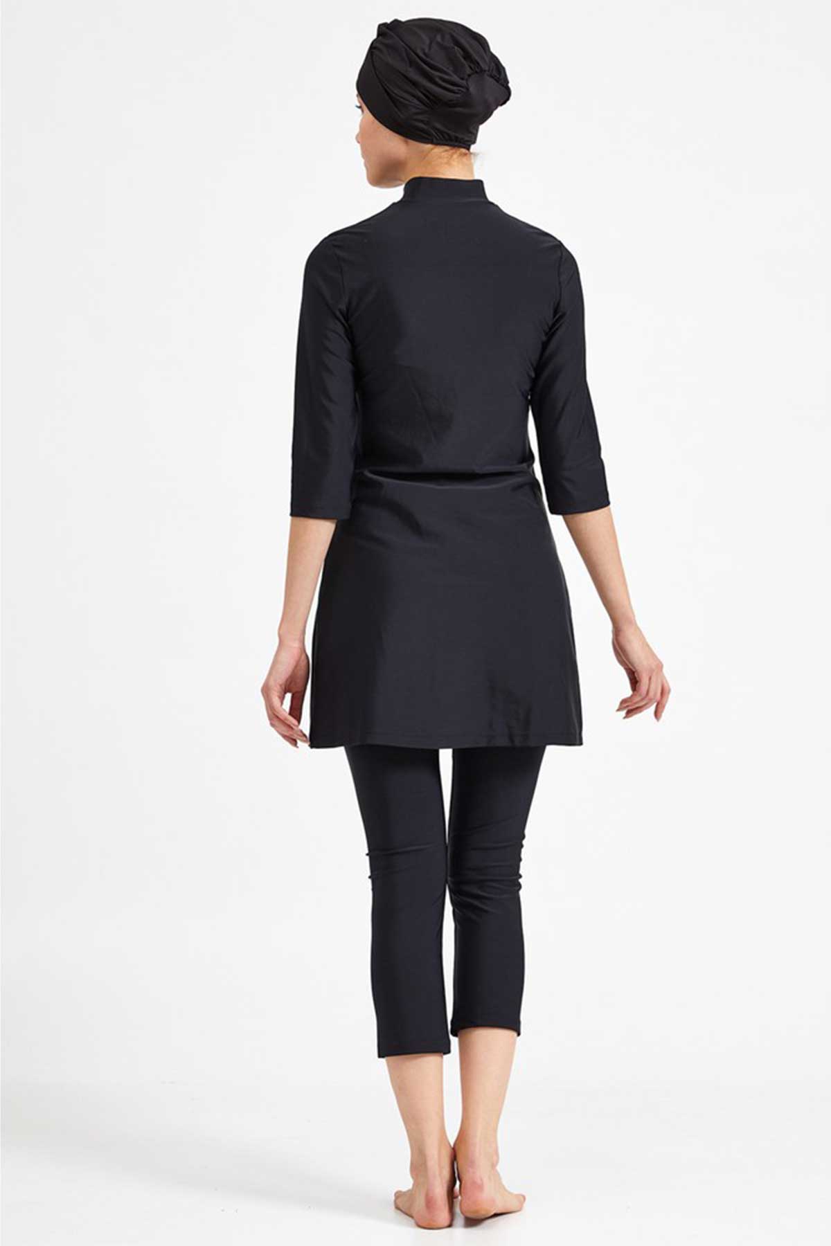 Adasea Kadın Yarı Kapalı Tesettür Mayo Uzun Kollu Önü Fermuarlı Büyük Beden - Siyah - Thumbnail