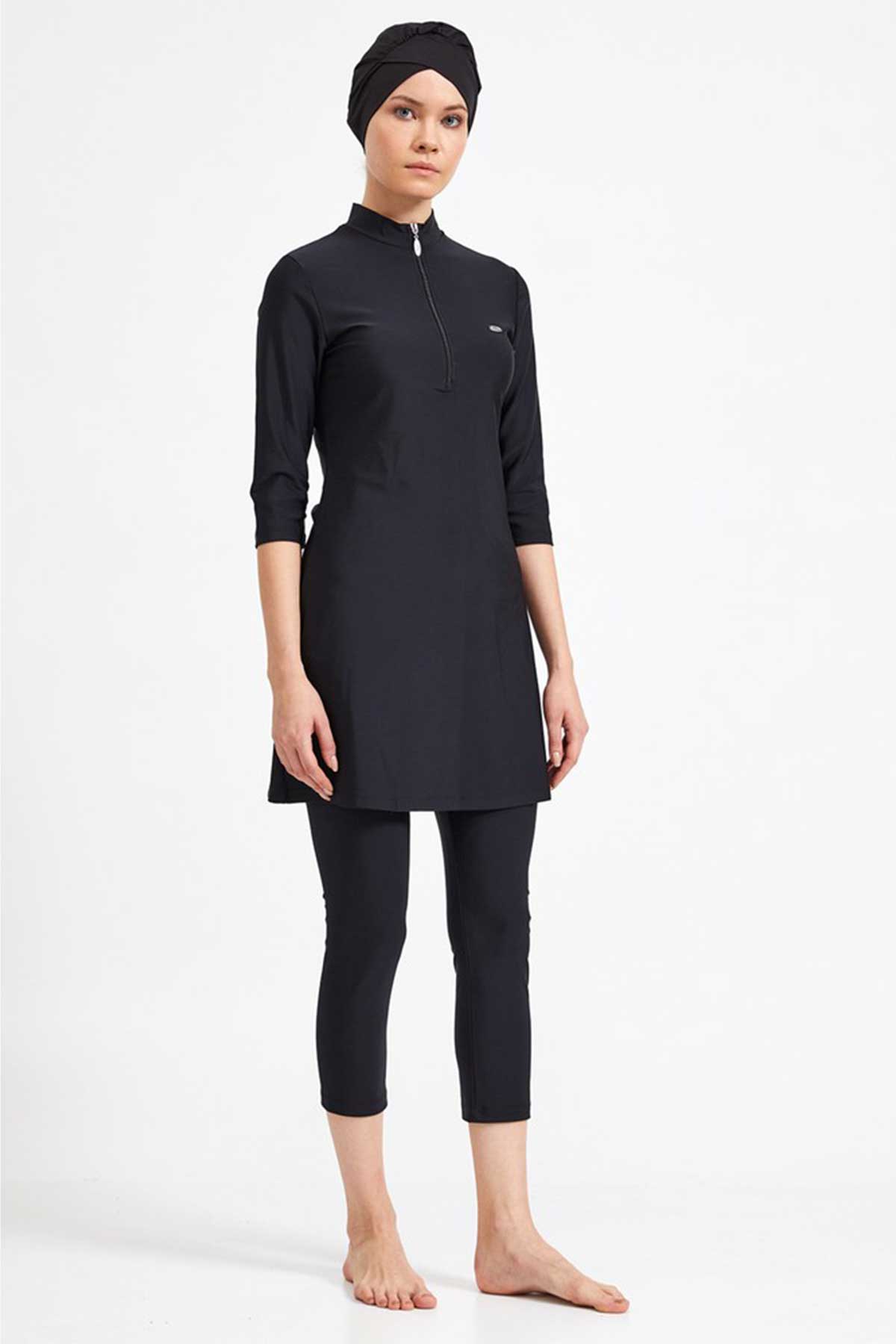 Adasea Kadın Yarı Kapalı Tesettür Mayo Uzun Kollu Önü Fermuarlı Büyük Beden - Siyah - Thumbnail