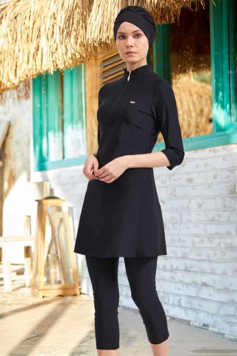 ADASEA - Adasea Kadın Yarı Kapalı Tesettür Mayo Yarım Kollu Önü Fermuarlı - Siyah