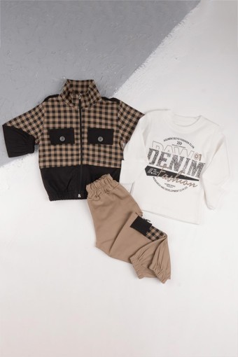 AGUCUK BABY - Agucuk Baby Erkek Bebek 3'Lü Takım Kareli - Bej