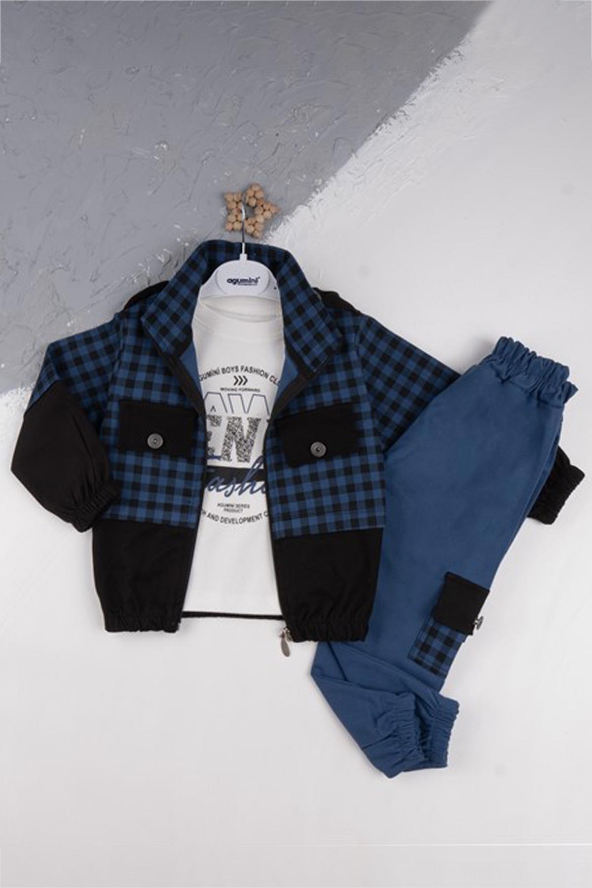 Agucuk Baby Erkek Bebek 3'Lü Takım Kareli - Kahverengi - Thumbnail