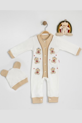 AGUCUK BABY - Agucuk Baby Erkek Bebek Tulum Patiksiz Şapkalı Ayı Desenli - Krem/Bej