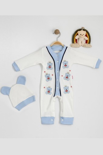 AGUCUK BABY - Agucuk Baby Erkek Bebek Tulum Patiksiz Şapkalı Ayı Desenli - Krem/Mavi