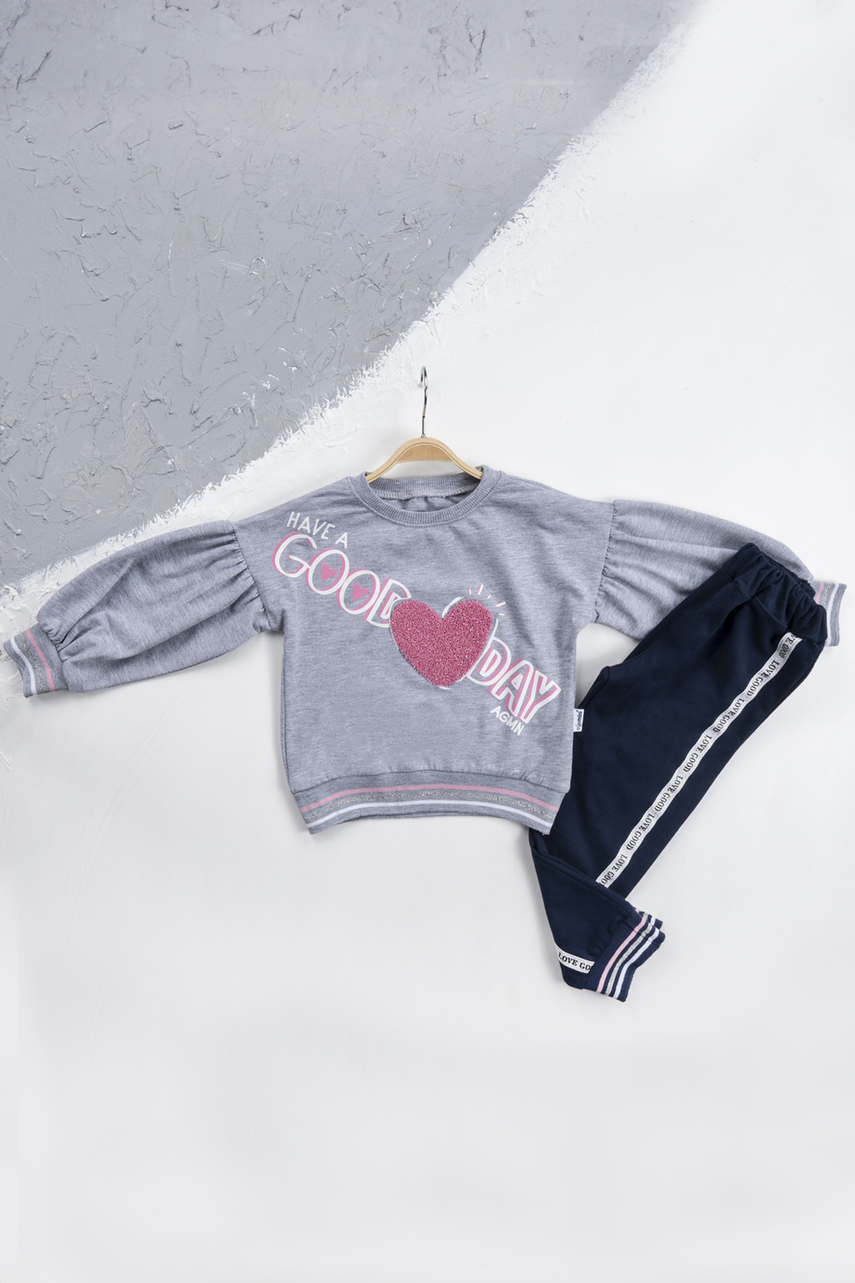 Agucuk Baby Kız Bebek 2'li Takım Kalp Desenli - Gri/Kırmızı - Thumbnail