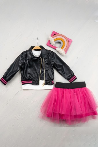 AGUCUK BABY - Agucuk Baby Kız Bebek 3'lü Takım Tül Etekli Ceketli - Siyah/Fuşya