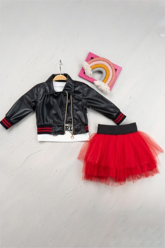 AGUCUK BABY - Agucuk Baby Kız Bebek 3'lü Takım Tül Etekli Ceketli - Siyah/Kırmızı