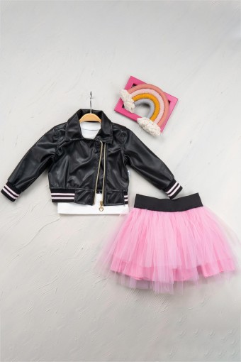 AGUCUK BABY - Agucuk Baby Kız Bebek 3'lü Takım Tül Etekli Ceketli - Siyah/Pembe