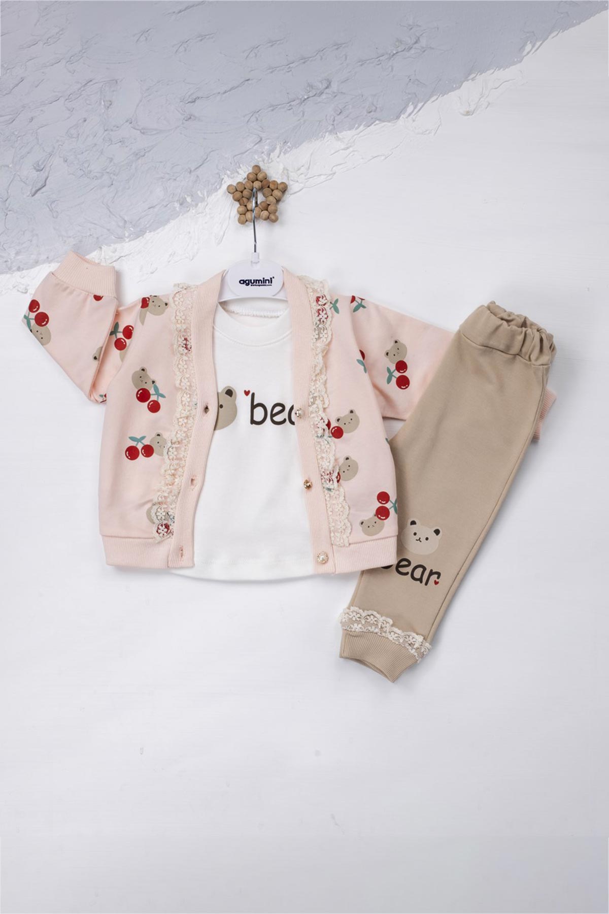 Agucuk Baby Kız Bebek Kiraz Dantelli 3'Lü Takım - Turkuaz - Thumbnail