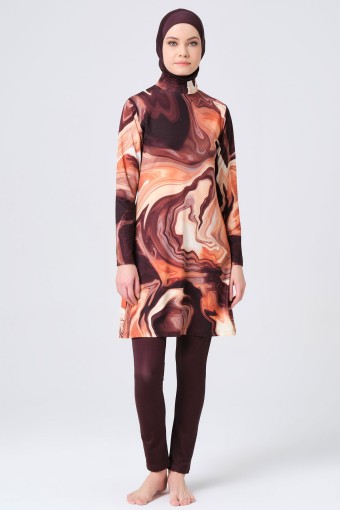 ALFASA - Alfasa Kadın Tam Kapalı Tesettür Mayo Desenli Dik Yaka - Kahverengi