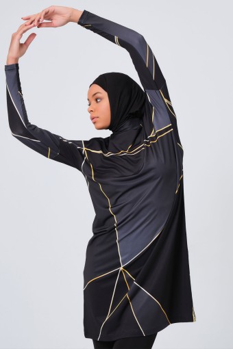 ALFASA - Alfasa Kadın Gold Desen Detaylı Tam Kapalı Tesettür Mayo - Siyah (1)