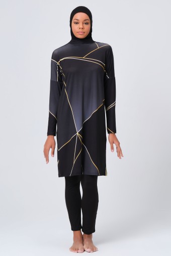ALFASA - Alfasa Kadın Gold Desen Detaylı Tam Kapalı Tesettür Mayo - Siyah