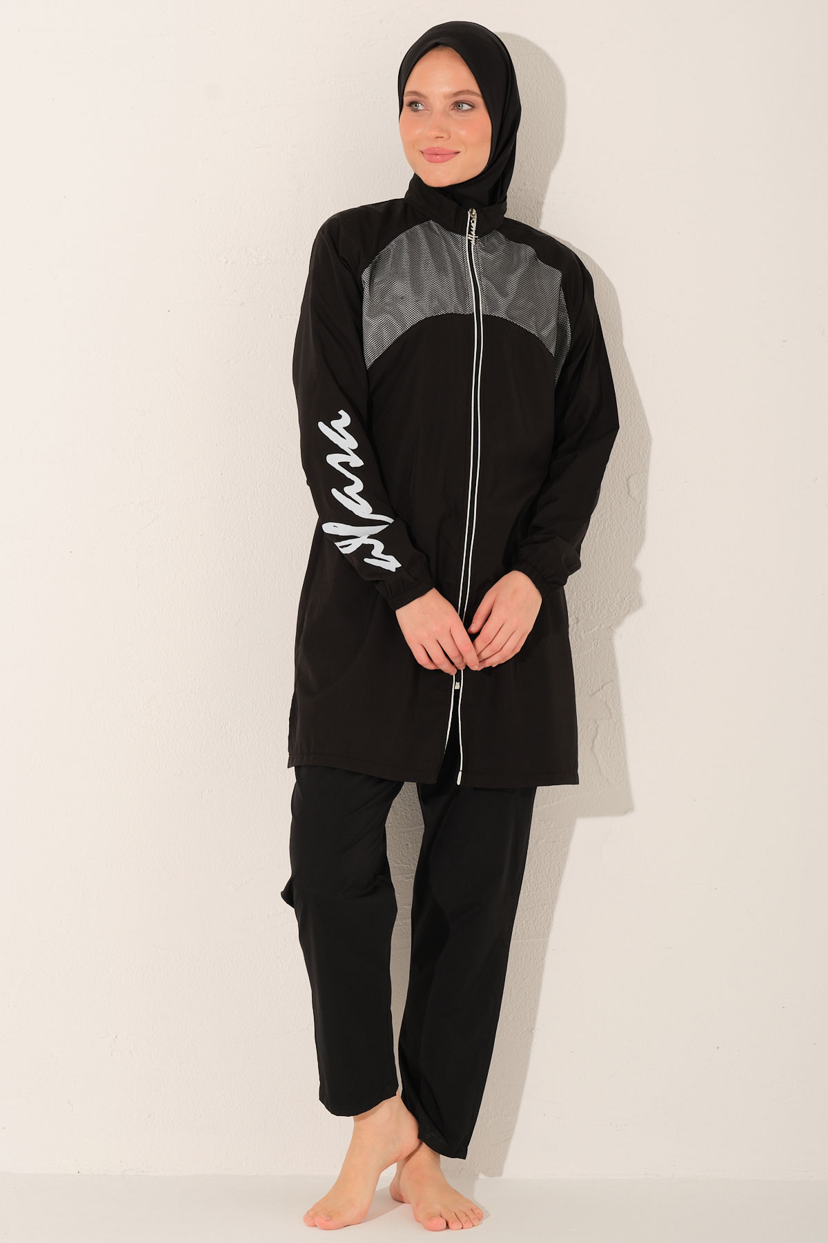 Alfasa Kadın Tam Kapalı Tesettür Mayo Beli Lastikli Fermuarlı Paraşüt Kumaş Düz Paça Desenli - Siyah - Thumbnail