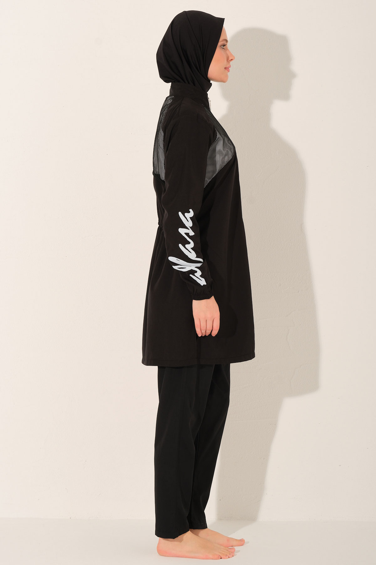 Alfasa Kadın Tam Kapalı Tesettür Mayo Beli Lastikli Fermuarlı Paraşüt Kumaş Düz Paça Desenli - Siyah - Thumbnail