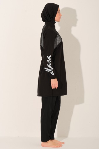 ALFASA - Alfasa Kadın Tam Kapalı Tesettür Mayo Beli Lastikli Fermuarlı Paraşüt Kumaş Düz Paça Desenli - Siyah (1)