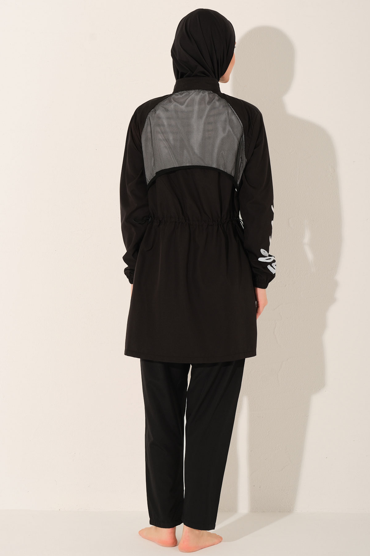 Alfasa Kadın Tam Kapalı Tesettür Mayo Beli Lastikli Fermuarlı Paraşüt Kumaş Düz Paça Desenli - Siyah - Thumbnail