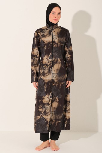 ALFASA - Alfasa Kadın Tam Kapalı Tesettür Mayo Beli Lastikli Fermuarlı Uzun Düz Paça Desenli - Siyah