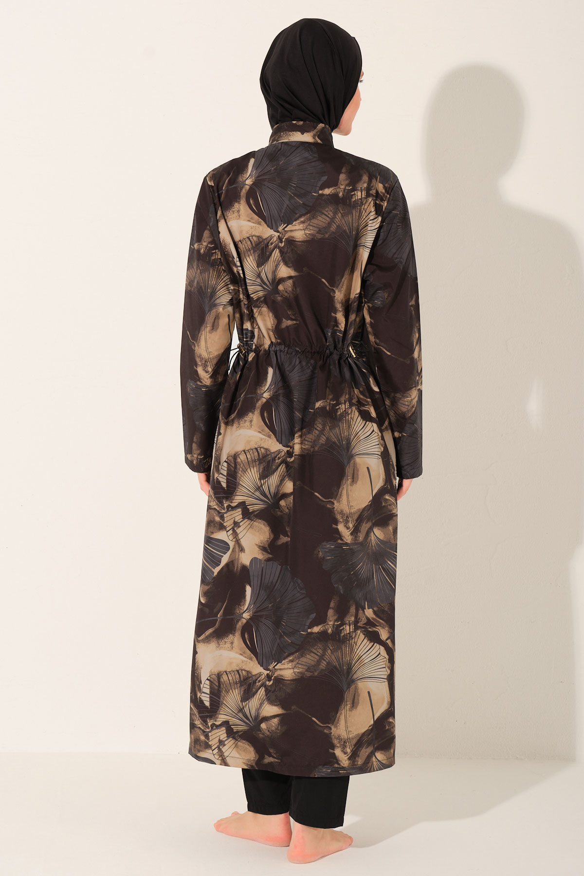 Alfasa Kadın Tam Kapalı Tesettür Mayo Beli Lastikli Fermuarlı Uzun Düz Paça Desenli - Siyah - Thumbnail