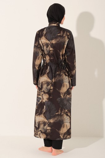 ALFASA - Alfasa Kadın Tam Kapalı Tesettür Mayo Beli Lastikli Fermuarlı Uzun Düz Paça Desenli - Siyah (1)